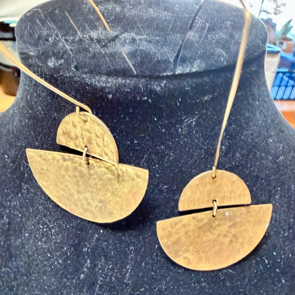 Gold Hammered Long Drop Earrings